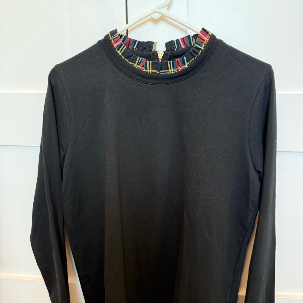 J. Crew Black Top with Multicolor Plaid Collar